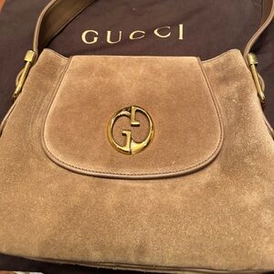 Gucci Brown Suede Shoulder Bag with Gold Accents